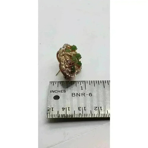 Vintage Brooch Jade 10k Gold Filled Rhinestone Accents art deco Flower Leaves - Picture 10 of 13